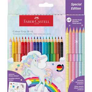Cartoleria Astuccio 18+6 matite colorate Colour Grip e unicorno stickers Faber-Castell